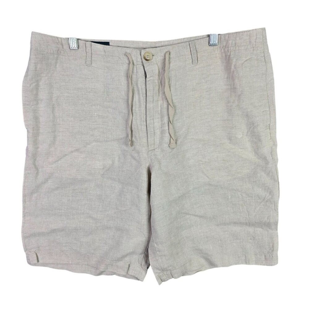 Mens Perry Ellis Beige 100% Linen Chino Shorts Drawstring 11" Inseam Size 38
